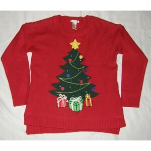 Red Sz Large Embroidered Christmas Tree Holiday Pullover Sweater REFERENCE POINT